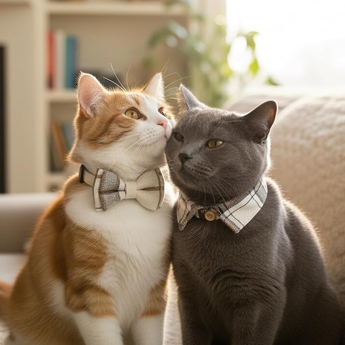 Breakaway Cat Collars - Bow Tie Cute Cat Collar with Bells for Girl Boy Cats, Puppy - Plaid Soft Adjustable Pet Collars Cat Accessories
