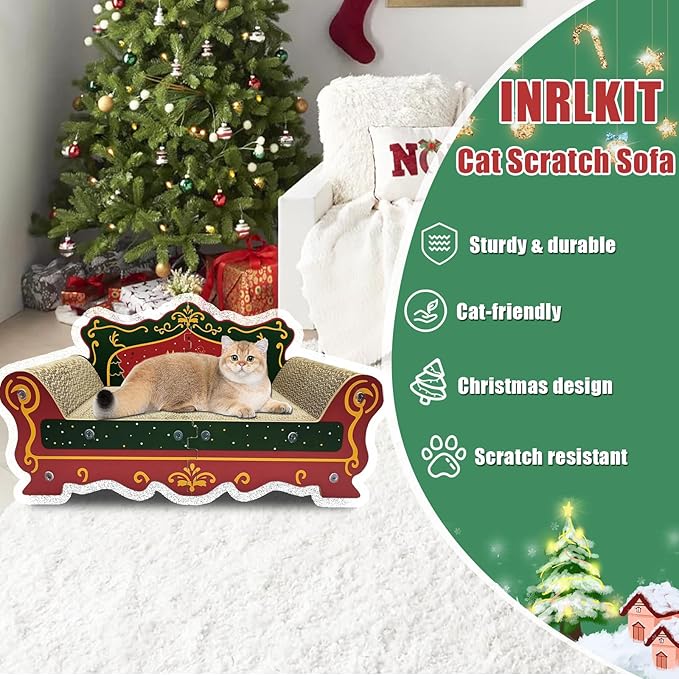 Luxury Cardboard Cat Scratcher Sofa Bed, Couch Shaped Scratching Board, Scratch Lounge with Catnip, Scratcher for Indoor Cats Large (Christmas Tree Pattern)