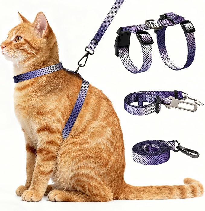 Cat Harness and Leash Set, 3-in-1 Escape Proof Adjustable, Comfortable Soft Lightweight, Safe, Easy to Wear, Walking Travel Kitten Harness for Small Medium LCats (Purple)