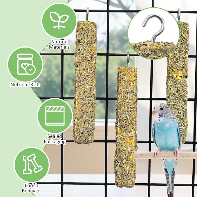 Fhiny 6 PCS Parakeet Treats, Natural Cockatiel Food Eucalyptus Leaves Mixed Grains Parrot Snack Sticks Bird Treats for Budgerigars Lovebirds Canaries Conurus Finches