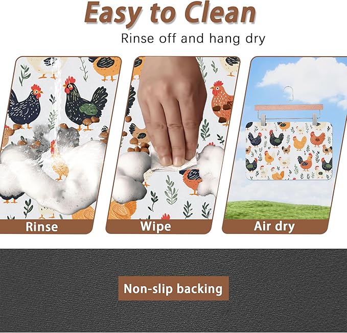 Rooster Dog Cat Food Mat,Hen Chicken Meadow Absorbent Pet Feeding Mat for Food and Water,Non-Slip Dog Bowl Mats Floor Protector 16"x24"
