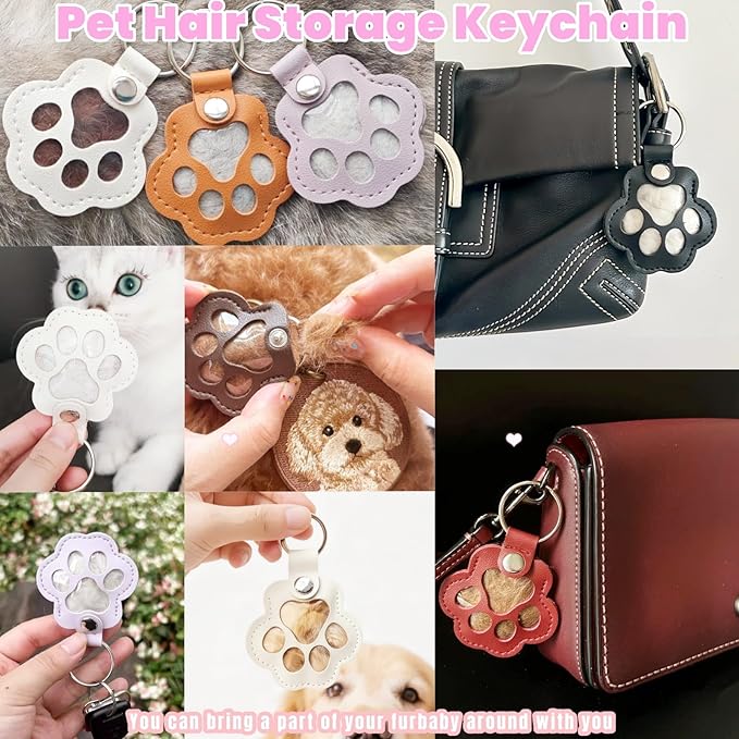 Pet Hair Storage Keychain, Dog Cat Fur Container Collector Keepsake, PU Leather Memorial Keyring, Collar Bag Charms