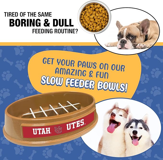 NCAA Super-Bowl - Utah Utes Slow Feeder Dog Bowl. Football Design Slow Feeding Cat Bowl for Healthy Digestion. Non-Slip Pet Bowl for Large & Small Dogs & Cats