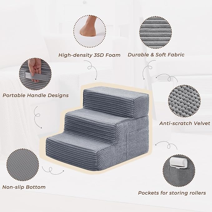 HYLEORY Dog Stairs for Bed 13.5''H, 3-Step Pet Stairs for Small Dogs & Cats, Sturdy Pet Steps with Non-Slip Bottom, Functional Portable Dog Ramp for Couch/Chair/Sofa/Car, with Storage Pocket, Grey