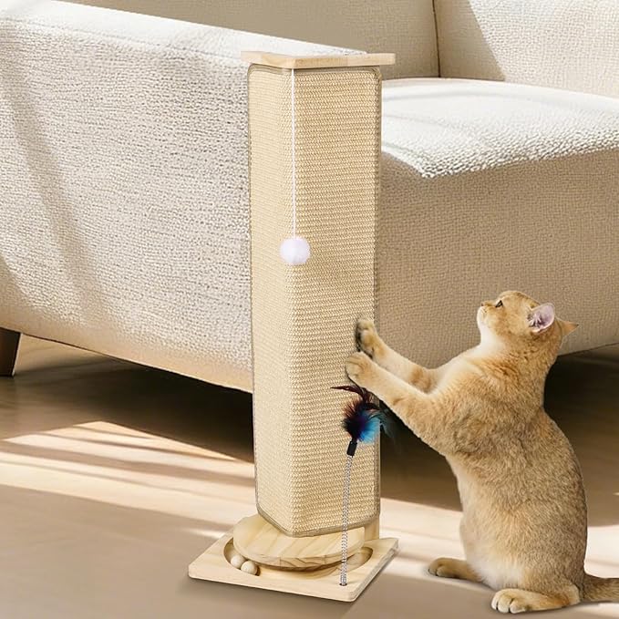 Couch Corner Cat Scratcher, 31'' Tall Cat Scratching Post with Interactive Ball Toys, Replaceable Sisal Scratch Pad for Indoor Cats, Furniture Protector for Sofa Wall