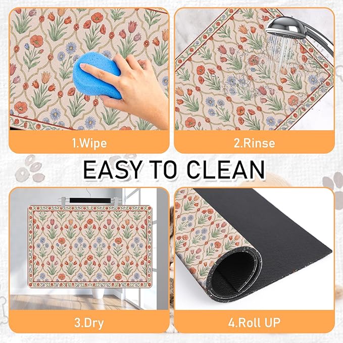 Dog Bowl Mat for Food and Water - Hamdwerk Absorbent Anti Slip Cat Feeding Mats for Floors, Quick Dry Pet Dog Feeding Matts, Diatomite Pet Dish Placemat Supplies, Vintage Floral Style, 12 * 20in