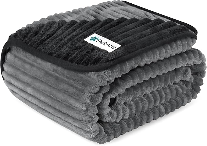 PetAmi Waterproof Dog Blanket, Leakproof Pet Blanket for Small Medium Large Dogs, Reversible Furniture Bed Sofa Couch Cover Protector, Plush Striped Pet Throw for Indoor Cat, 24x32 in, Black Grey