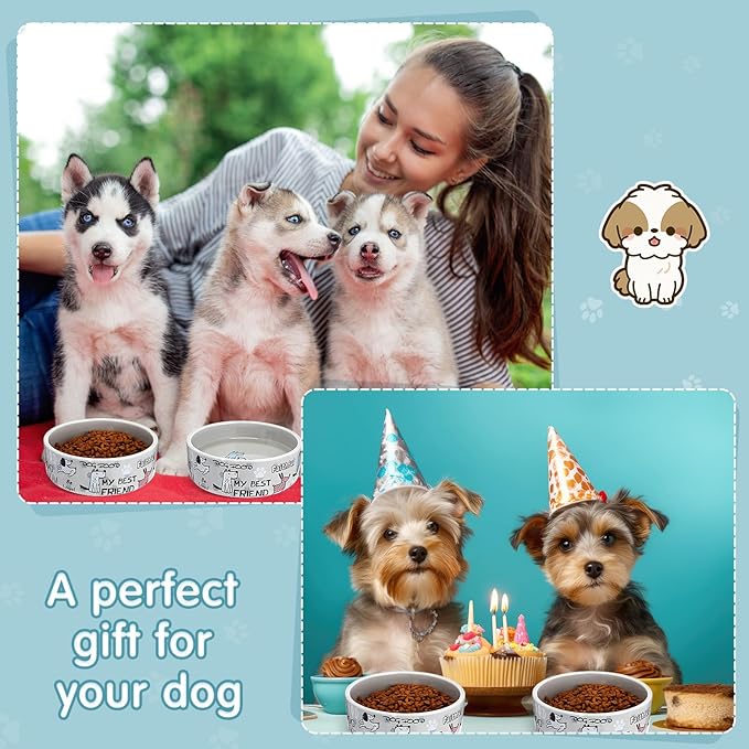 Maxcheck 2 Pcs 5 Inch Ceramic Dog Bowls Dishes for Small Dogs Cute Cartoon Pattern Puppy Cat Bowls Heavy Food Water Dishes for Pets Feeding Travel, Dishwasher Safe Microwave Safe (Gray)