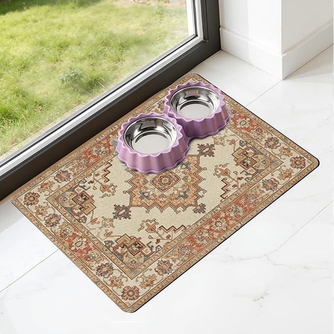 Pet Dog Food Mat - Absorbent Diatomite Dog Cat Feeding Mats for Food and Water, Anti Slip Dog Cat Bowl Placemat for Floors, Quick Dry Pet Dish Matts Supplies, Bohemia Style, 16 * 24in