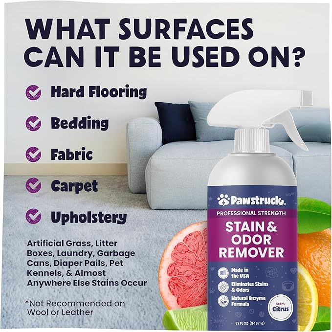 Pawstruck Professional Strength Pet Stain & Odor Remover - Natural Enzyme Cleaning Solution for Dogs & Cats - Safe and Effective Smell Eliminator - 32 oz - Packaging May Vary
