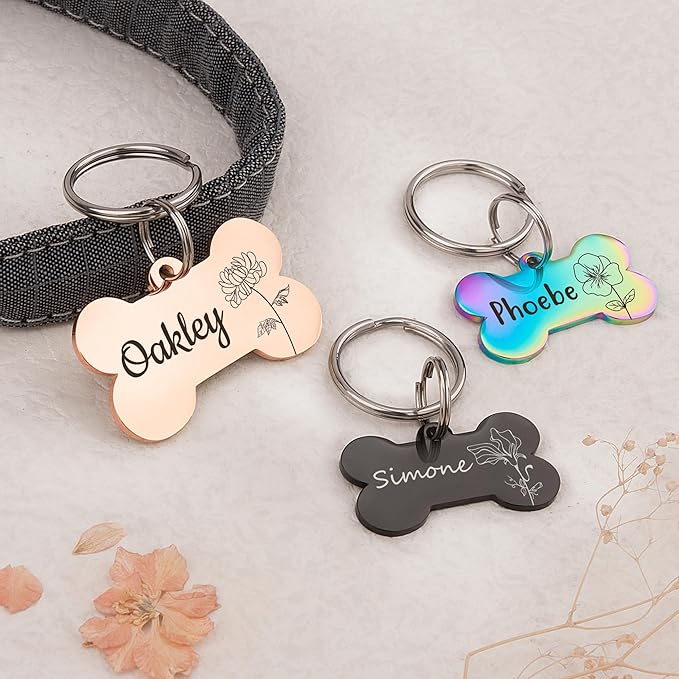 Anavia Floral Pet ID Tags, Birth Month Flowers Theme Dog Tag Round Bone Shape Cat Name Tag, Glossy Stainless Steel Gold Plated Dog Collar Tag (Bone Shape - Silver, Large)