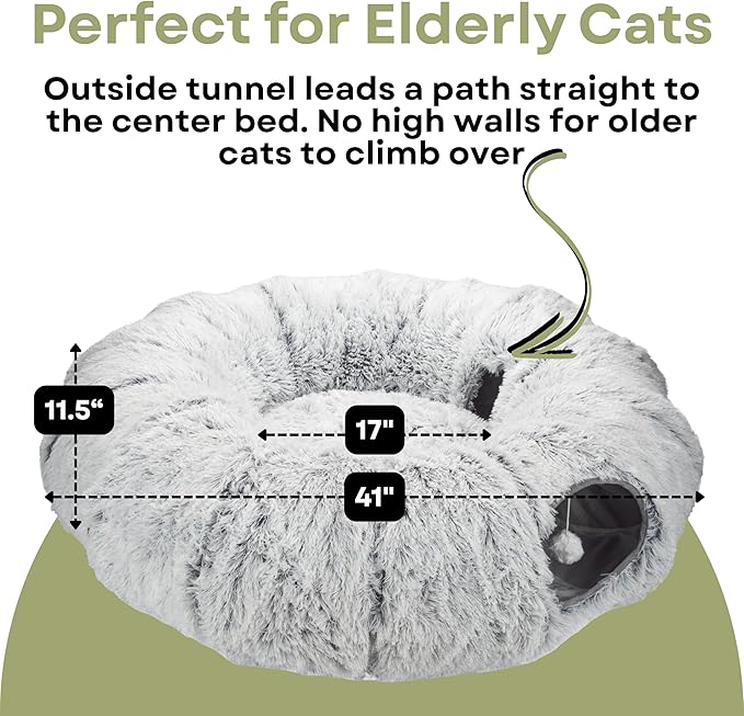 Purr & Paw Co. XL Plush Cat Tunnel Bed with Toy and Elderly Feline Access. 3-in-1 Light Grey Fluffy Donut Cushion with Ears. Circle Tube for Indoor Cats Leisure, Hiding Spot, Dog Bed, or Rabbit Cave