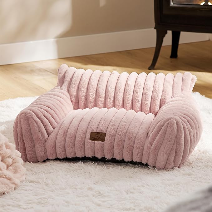 Bedsure ComfyFleece Cute Cat Couch for Pets - Fluffy Cat Sofa with Premium Soft Corduroy Fleece, Fuzzy Pet Couch Bed with Washable Cover, Supportive Chair for Indoor Cats, 24inch, Blush Pink