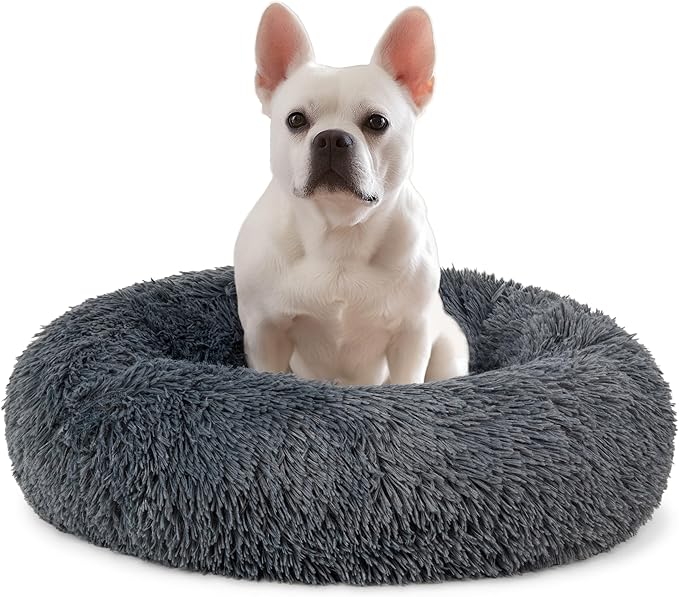 PetAmi Calming Dog Bed for Small & Medium Dogs and Cats, 23 Round Donut Dog Bed, Washable Fluffy Faux Fur Puppy & Cat Bed, Anti-Anxiety Plush Cuddler Pet Bed with Anti-Slip Bottom - Dark Gray