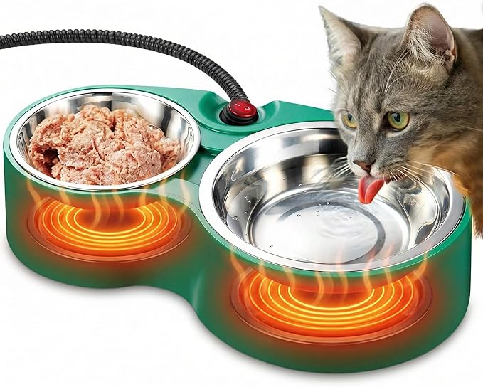 Heated Cat Bowl with Soft Indicator Light – Double Removable Stainless Steel Bowls, Freeze-Proof Water & Food, Overheat Protected, Chew-Resistant Cord, UL Listed