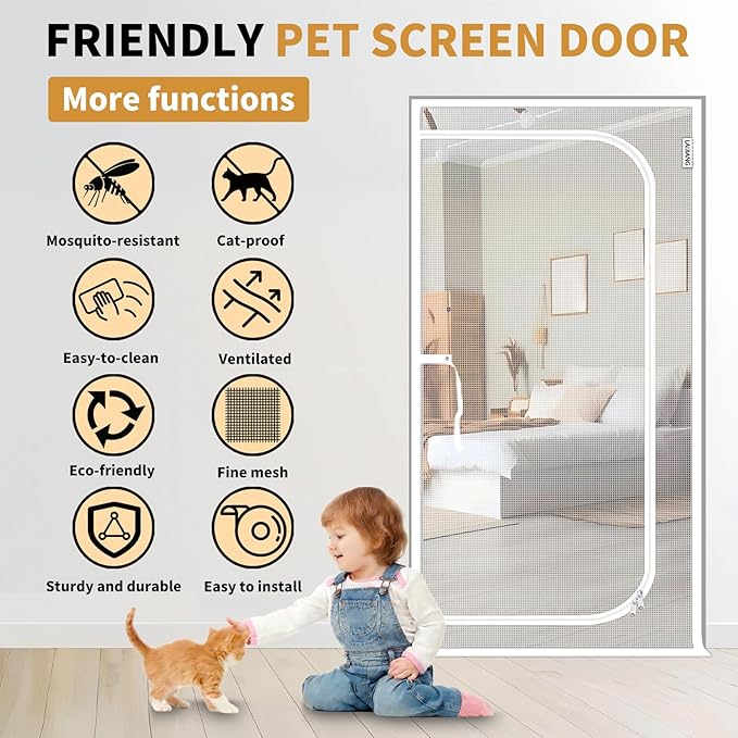 Cat Screen Door 34x83'' Reinforced Cats Resistant Mesh Screen Door with Zipper Closure, Pets Scratch Proof Screen for Living Room, Bedroom, Patio, Fits Openings 32x81''