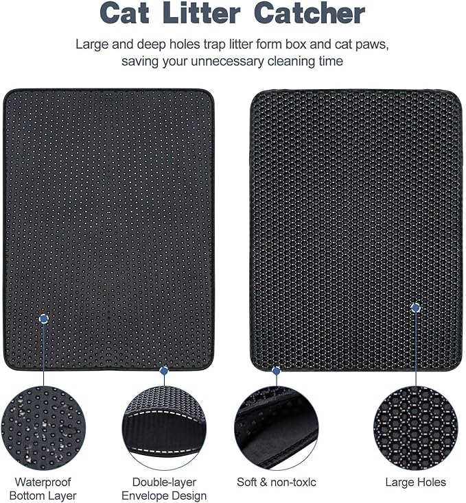 Cat Litter Mat 23.6"x15.7" Double Layer Waterproof & Non-Slip - Honeycomb Washable EVA Litter Mat for Scatter Control, Urine Proof Litter Trapping Mat for Litter Box(Black)