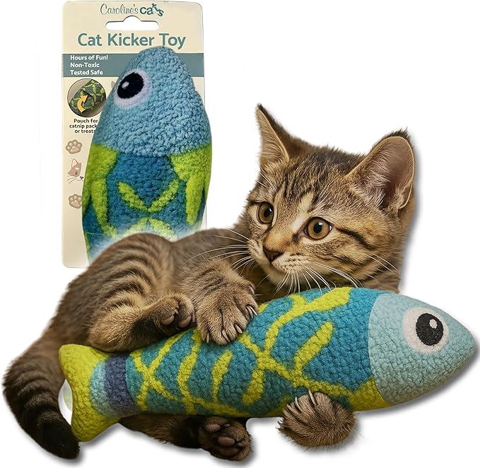 Caroline's Cats Refillable Catnip Pouch Cat Kicker Toys with Crinkle Sound Inside, Interactive Fish Toy for Cats, Plush Indoor Cat Nip Kitty Kick Sticks, Comfort Pillow for Kittens, 9.5 Inches