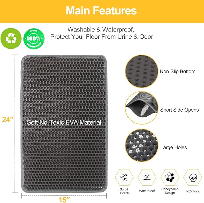 LeToo Cat Litter Mat Grey Trapping for Litter Box, No Slip & Large, Urine & Waterproof, Honeycomb Double Layer Anti Tracking Kitty Mats, No Phthalate, Washable Easy Clean (24" x 15", Grey)