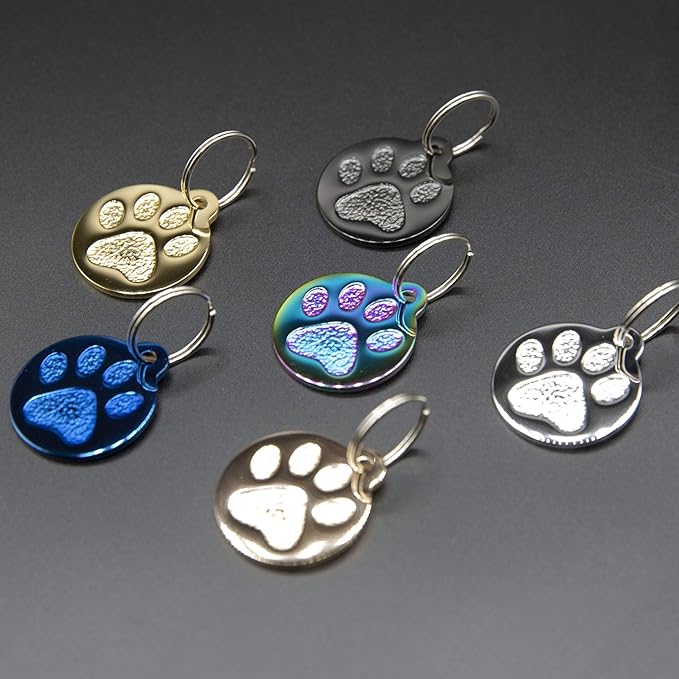 Engraved Pet Tag for Dogs and Cats - Personalized Front & Back up to 4 Lines of Text Custom Engraved ID, Round Paw Print Solid Plating Stainless Steel Rose Gold Small