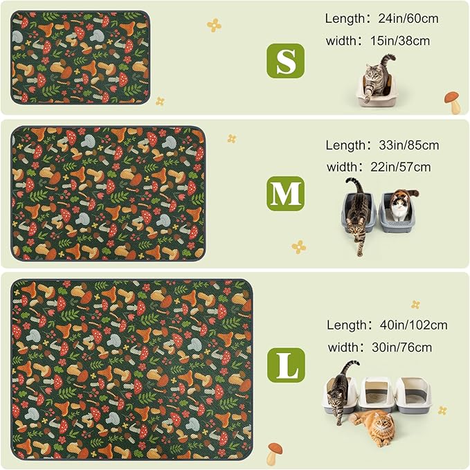 Unicorn Catcher 24X15in 2packCat Litter Mat Machine Washable Soft 3D Air Mesh Litter Box Rug Non-Slip Backing Quick Dry Scatter Control for Paws,Green Mushrooms