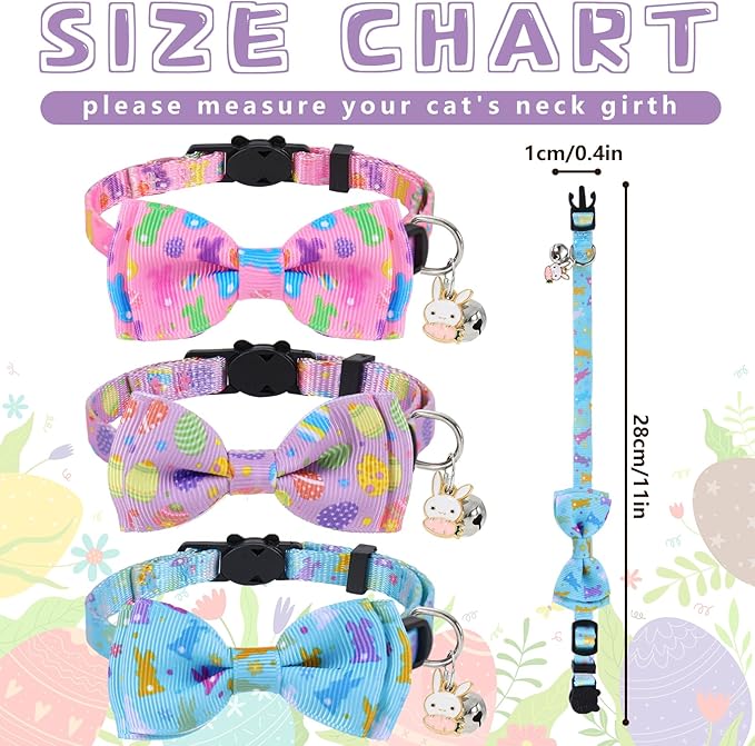 JarThenaAMCS 3 Pcs Easter Cat Collar with Breakaway Bell Bow Tie Rabbit Bunny Egg Adjustable Kitten Collars for Spring Girl Boy Cats Small Pet Party