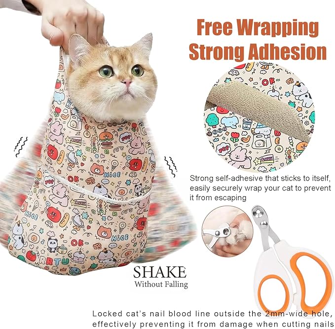 Cat Wrap for Cutting Nails, Self-Adhesive Cat Grooming Wrap Anti-Escape Anti-Scratch Calming Cat Swaddle Wrap for Nail Clipping, Medicine, Ear Cleaning, Multifuctional Pet Tool for Cat-Owner, Vet