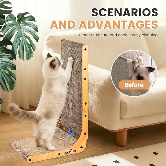 PaPaPet Cat Scratcher, 26.8 Inch L Shape Cat Scratchers for Indoor Cats, Protecting Furniture Cat Scratch Pad, Cardboard Cat Scratching with Ball Toy