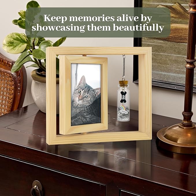 Pet Memorial Gift for Dogs Cats, Natural 360 Rotating Wooden Picture Frame 4x6 Photo, Pet Hair Keepsake Fur Jar Rainbow Bridge , No Longer By My Side But Forever in My Heart, Animal Loss Gift PR-3N