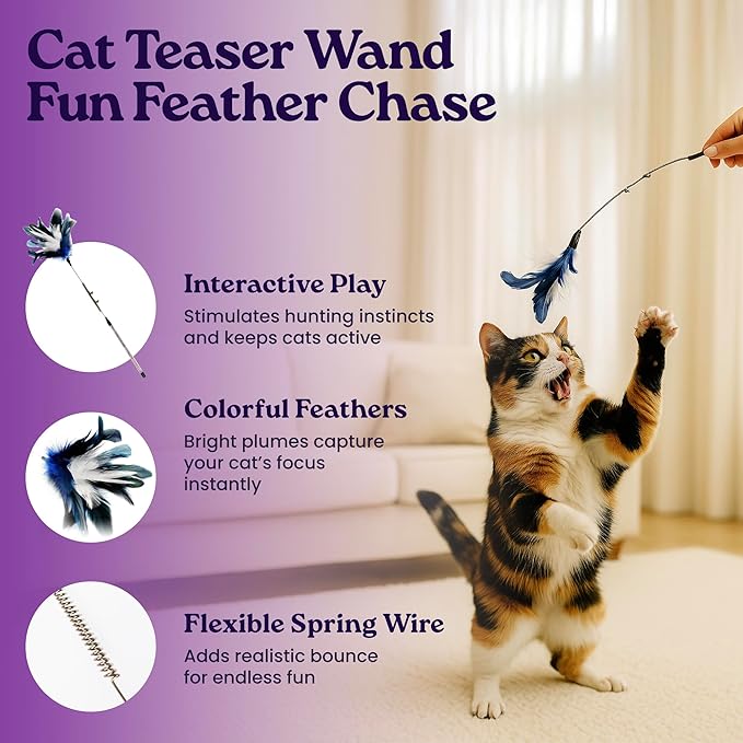 Cat Grooming Kit Universal Pet Care Supplies 6 in 1, Include: Cat Nail Clipper, Brush for Shedding, Wand Toy, Interactive Ball Toy, Bath Brush, Ear Cleaner Finger Wipes (30ct.)
