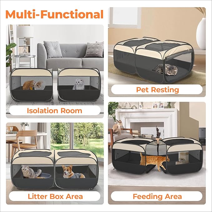 2-in-1 Pop Up Cat Playpen, Detachable into 2 Separate Pens with Additional Doors, Assembly-Free Portable Dog Crates Pet Pen Tent Kennel Kitten Puppy Enclosure Cage Indoor Outdoor Foldable Condo(S)