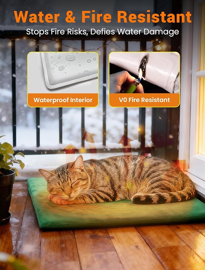 PETNF Outdoor Pet Heating Pad for Cats & Dogs, 100.4-107.6°F Auto Temp Control, Waterproof Fireproof, for Cat House/Dog Kennel/Terrace, Fits Domestic & Stray Pets (Green 15.7"X19.7")