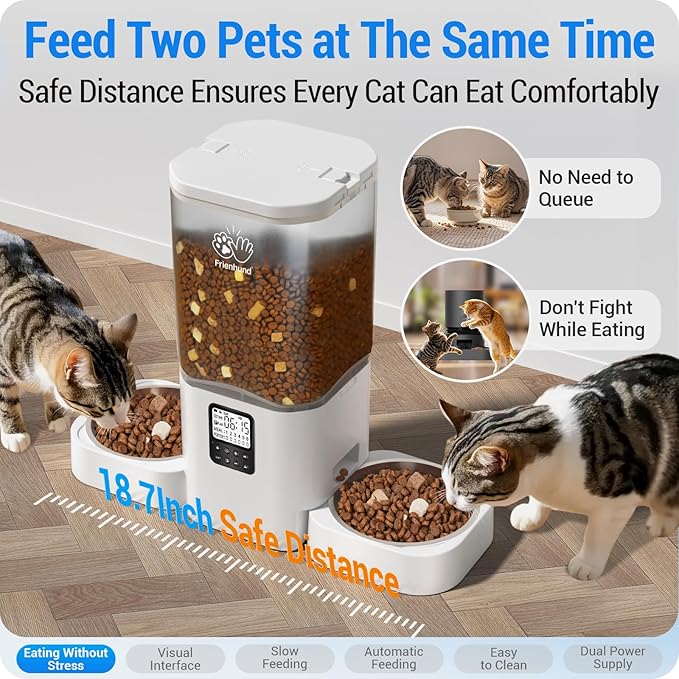 Timed Automatic Cat Feeder 2 Cats with Slow Feed: Dual Automatic Dog Feeder with Information Visualization, Programmable Auto Cat Food Dispenser for Multiple Pets,Detachable for Clean-29 Cup