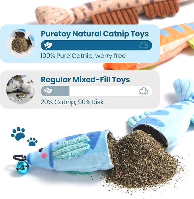 Catnip Toys, [12000mg] Extra Large Toys for Indoor Cats with Removable Bell, 100% Natural North American Catnip Floppy Fish Cat, Crinkle Sound & Soft Cotton-Free Surface