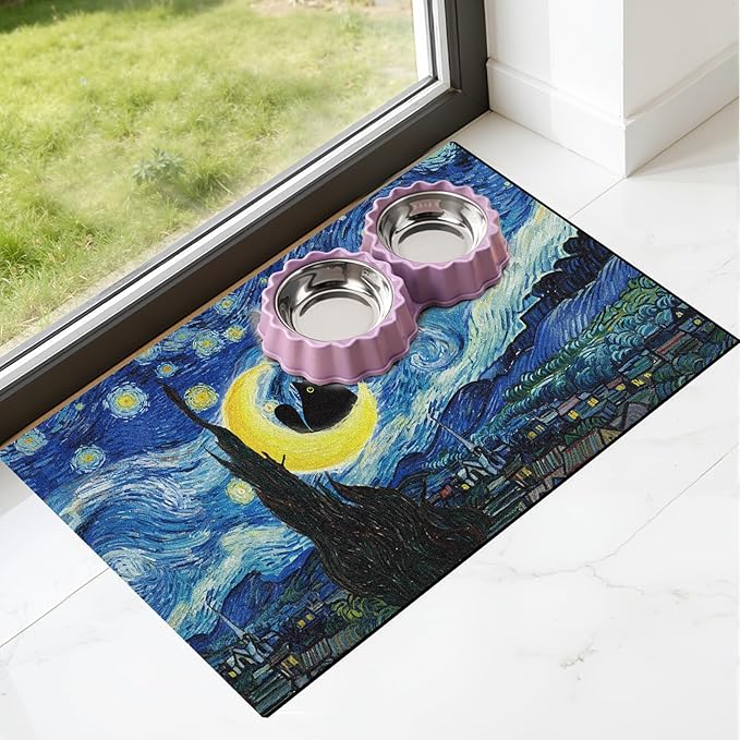 Dog Food Feeding Mat - Absorbent Diatomite Pet Dog Cat Bowl Mats for Food and Water, Anti Slip Dog Bowl Placemat for Floors, Quick Dry Pet Dish Matts Supplies, Black Cat Style, 12 * 20in