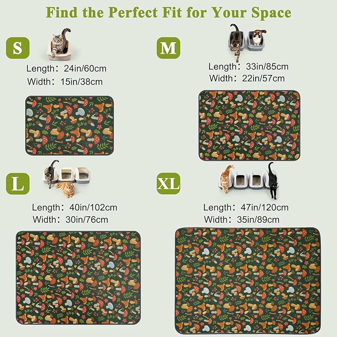 Unicorn Catcher 47X35in Cat Litter Mat Machine Washable Soft 3D Air Mesh Litter Box Rug Non-Slip Backing Quick Dry Scatter Control for Paws,Green Mushrooms