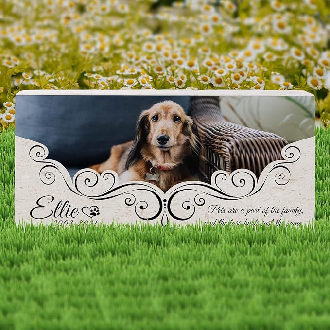 Custom Dog Memorial Stone, Personalized Pet Headstones for Dogs, Outdoor Pet Grave Markers with Photo Print and Text, Loss of Pet Sympathy Gift, 12”x6”x1.25" Pet Grave Stone (D. Ellie Design)