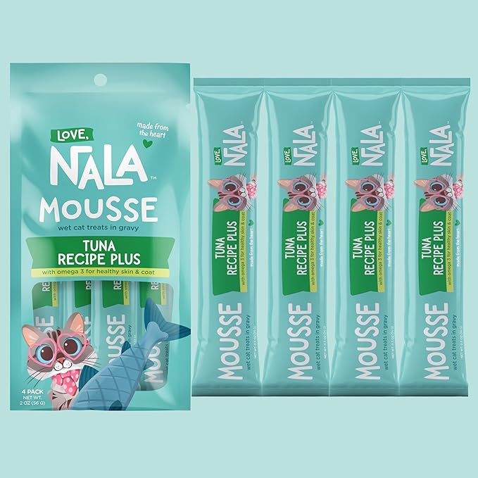 LOVE, NALA Tuna + Omega-3 Mousse Cat Treats – Brain & Heart Health Support – Lickable Squeeze-Up Puree, Topper or Treat – Grain-Free, 4 Pack – Human-Grade Protein, Non-GMO, No Artificial Additives