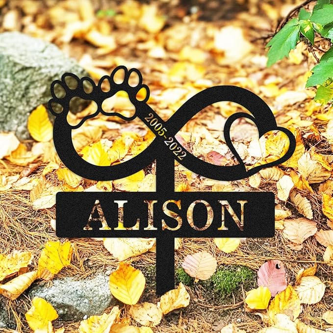 Custom Dog Cat Name Memorial Grave Marker, Personalized Pet Memorial Stake Metal Engraved Sign, Customized Cat Dog Memorial Grave Markers with Paws Heart Pet Memorial Plaque Burial Stake