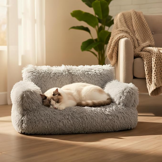 Plush Cat Couch Bed - Cat Bed for Indoor Cats, Dog Sofa Bed, Long Plush Calming Pet Couch with Removable Cover, Anti-Anxiety Pet Sofa for Small/Medium Pets (26×18×12in, Gray)