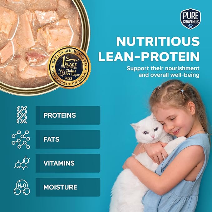 Pure Cravings Salmon Flakes in Tuna Consommé, Canned Wet Cat Food Soup, 100% Mercury-Tested, Moist Can Fish, Grain-Free Protein, Non-GMO, 3oz, Pack of 12