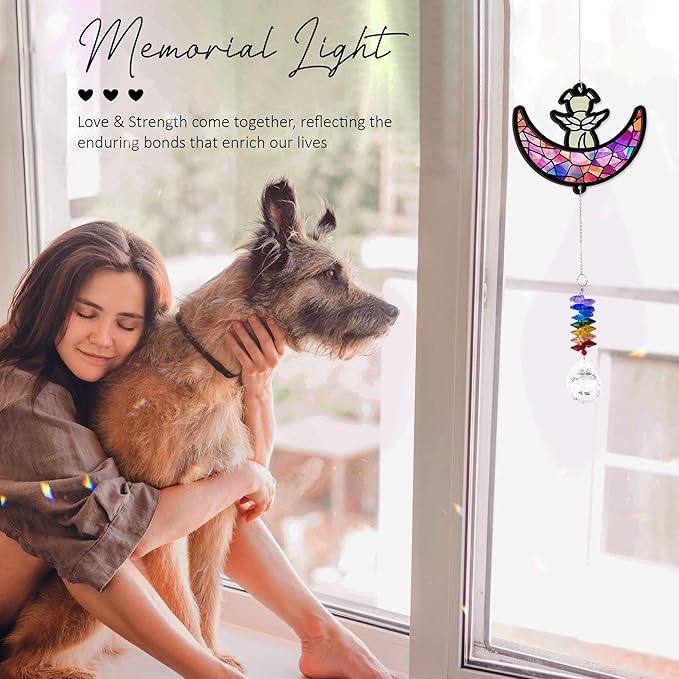Pet Memorial Suncatcher - Dog & Rainbow Moon - Pets Loss Gift - Heartfelt Dog Suncatcher - Sympathy Paw Print Gifts - Remembrance Keepsake - Mother's Day for Dog Mom Dad