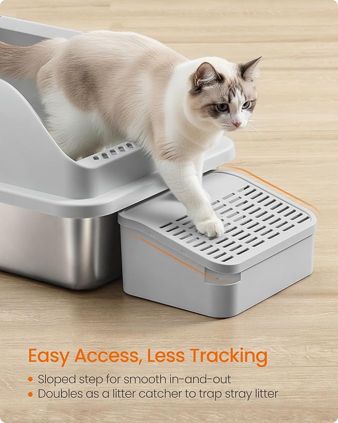 Feandrea Stainless Steel Cat Litter Box with Open Top, High Sided Litter Tray with Step, Scoop, Brush, for Cats up to 33 lb, Dove Gray UPPT008GD01