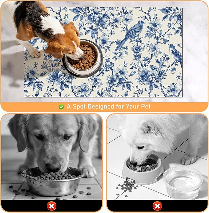 Dog Cat Food Mat - Absorbent Quick Dry Dog Bowl Mats for Food and Water, Anti Slip Cat Feeding Placemat for Floors, Diatomite Pet Dish Matts Accessories Supplies, Floral Bird Style, 17*30in
