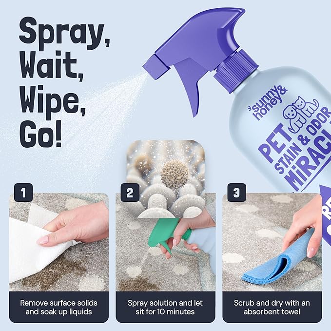 Sunny & Honey Pet Stain & Odor Miracle - Fast Acting Carpet Stain Remover & Urine Odor Eliminator - Enzyme Upholstery Cleaner Spray - For Upholstery, Couch & Mattress (32 fl oz, Light Lavender)