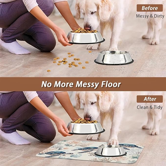 Turtle Dog Cat Food Mat,Coral Absorbent Pet Feeding Mat for Food and Water,Non-Slip Dog Bowl Mats Floor Protector 16"x24"