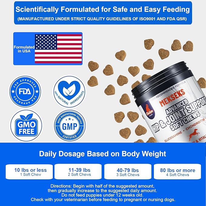 Advanced Dog Hip Joint Health Supplement Chews, Glucosamine for Dogs + Chondroitin, MSM, Turmeric & Green Lipped Mussel, Support Mobility, Pain Relief for Senior All Breeds Soft Chewable Treats