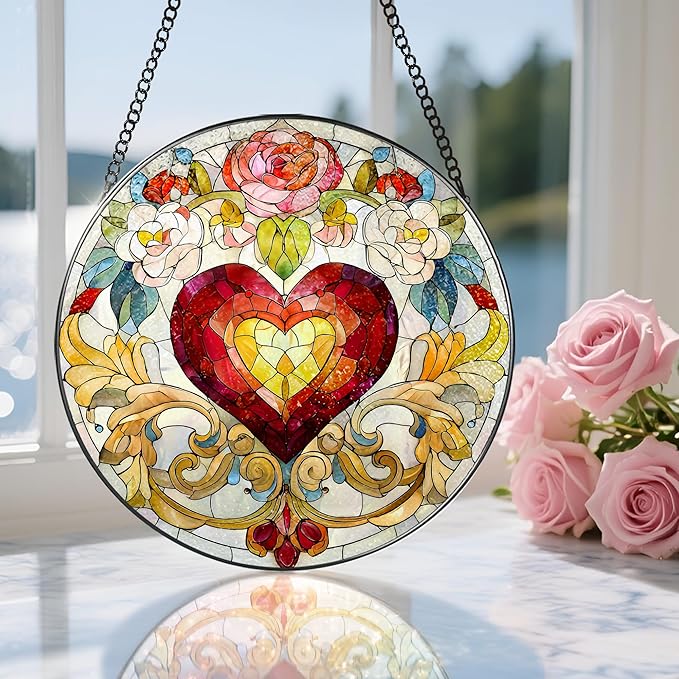 Stained Glass Window Hanging, 8 in Valentine Heart Sun Catcher, Stained Glass Suncatcher, Gift for Wife, Gift for Girlfriend, Mother's Day, Christmas, Birthday, Valentine's Day Gifts for Couple, Her