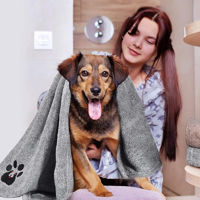 Dog Towel - Pack of 4 - Super Absorbent Soft Microfiber Pet Bath Grooming Towels for Drying Dogs and Other Pets (M-36" * 28", 2Grey and 2Brown)