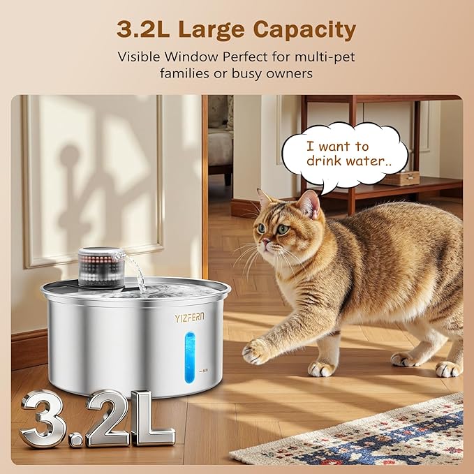 Cat Water Fountain Stainless Steel 108oz/3.2L Upgrade Dual-Filtration Pet Water Fountain for Cats Indoor, Ultra Quiet Dog Water Bowls Dispenser for Drinking, Automatic Cat Watering Supplies (White)